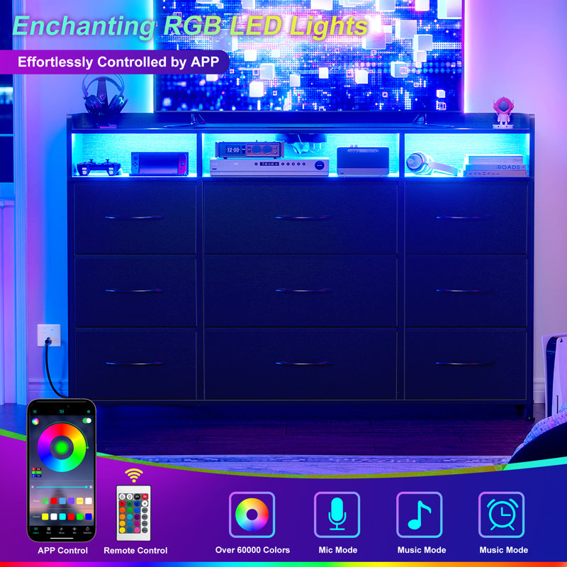 Cheo 9 - Drawer Dresser With 2-Tier Open Shelf, Dresser With Power Outlet & Led, 43"W Dresser For Bedroom (BLACK )