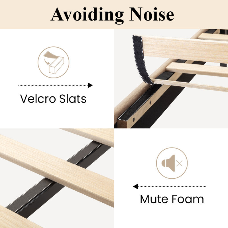 Lit plateforme Elison avec tête de lit rembourrée en tissu et sommier à lattes en bois, beige, taille King