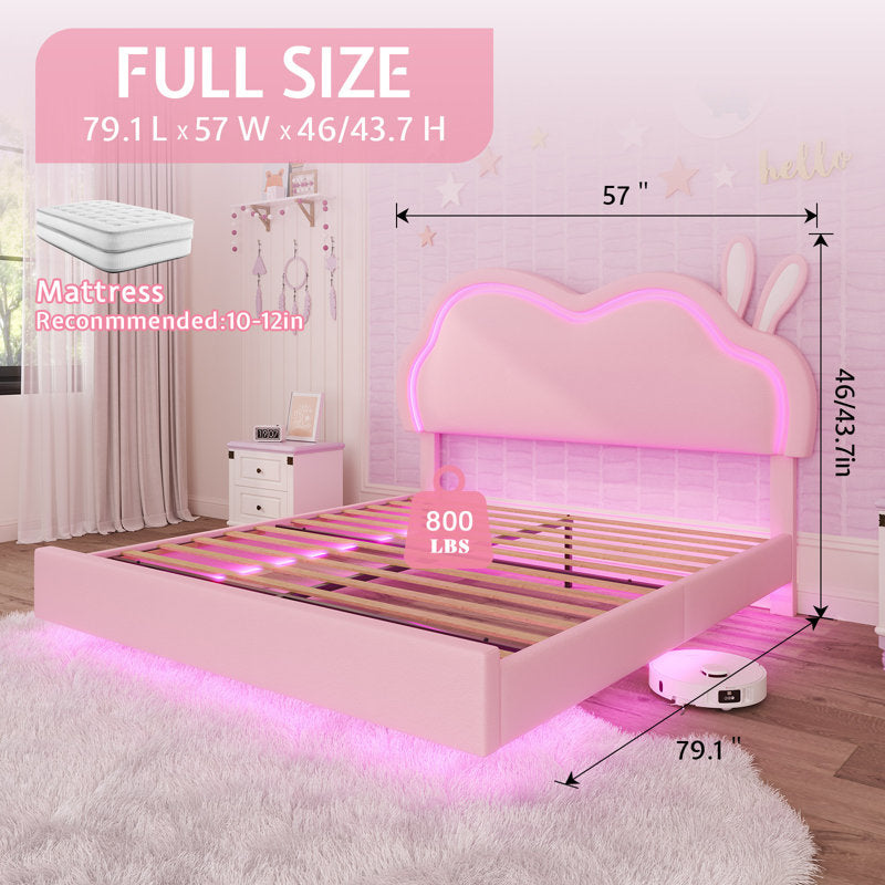Zoomie Kids Floating Full Bed Frame with Adjustable LED Headboard and Leather Upholstered, Pink ( Full Size )