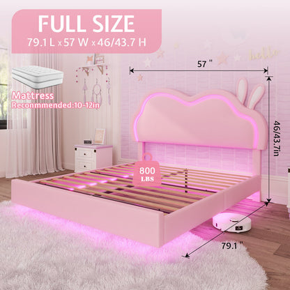 Zoomie Kids Floating Full Bed Frame with Adjustable LED Headboard and Leather Upholstered, Pink ( Full Size )