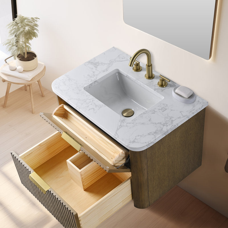 Liljan 30'' Wall-Mounted Single Bathroom Vanity with Engineered Stone Top
