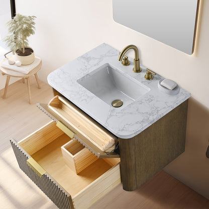 Liljan 30'' Wall-Mounted Single Bathroom Vanity with Engineered Stone Top