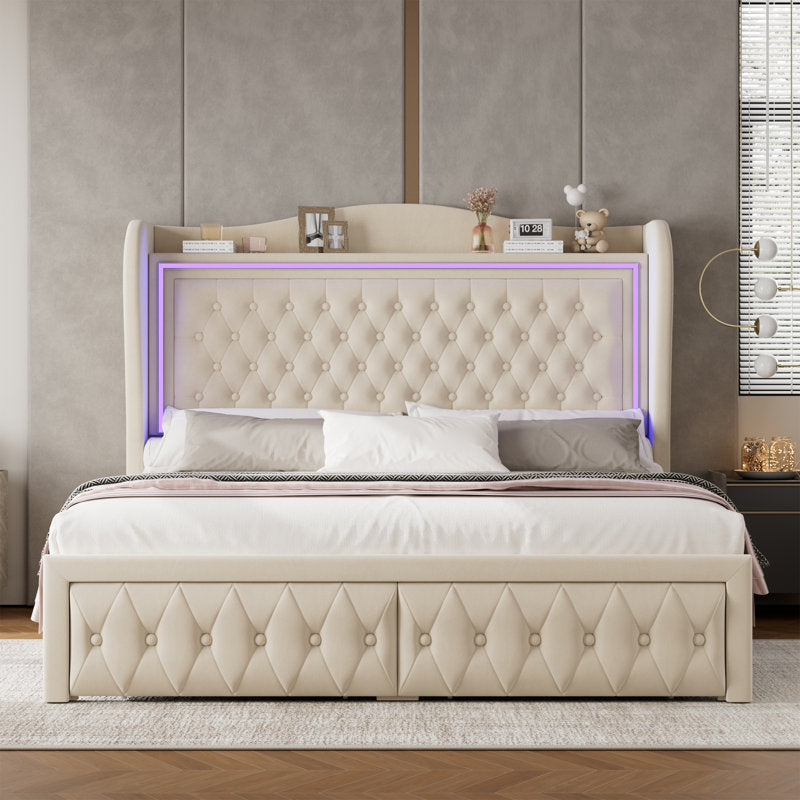 Kaliya Queen Velvet Upholstered Platform Bed: Wingback Headboard with LED Lighting & 2 Storage Drawers, Solid Wood Frame king White