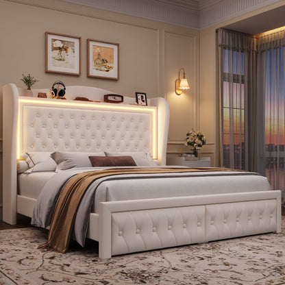 Kaliya Queen Velvet Upholstered Platform Bed: Wingback Headboard with LED Lighting & 2 Storage Drawers, Solid Wood Frame king White