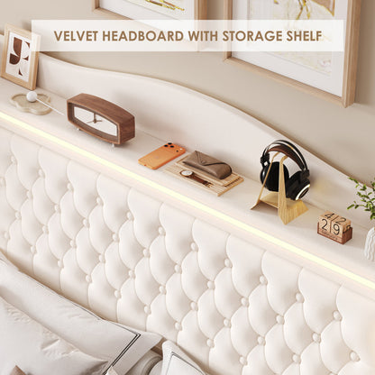 Kaliya Queen Velvet Upholstered Platform Bed: Wingback Headboard with LED Lighting & 2 Storage Drawers, Solid Wood Frame king White