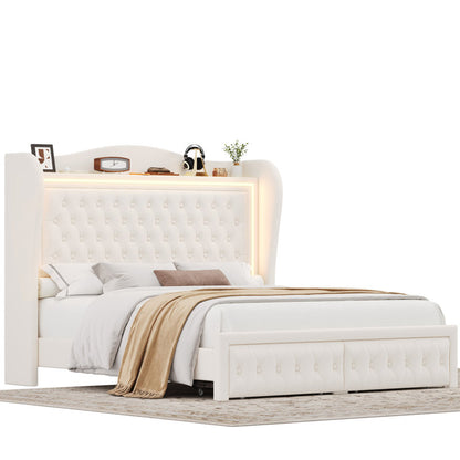 Kaliya Queen Velvet Upholstered Platform Bed: Wingback Headboard with LED Lighting & 2 Storage Drawers, Solid Wood Frame king White