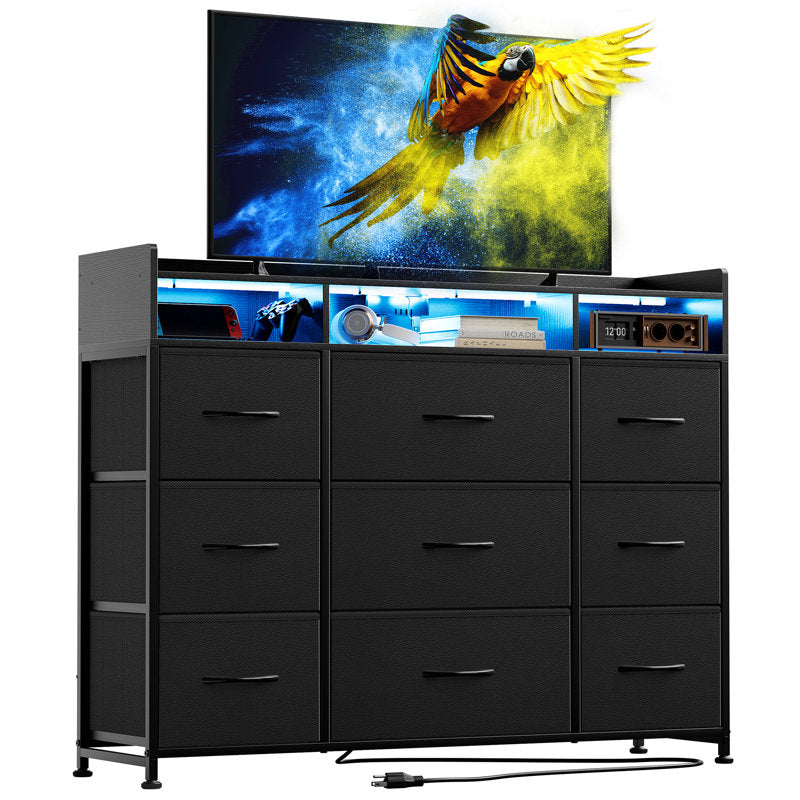 Cheo 9 - Drawer Dresser With 2-Tier Open Shelf, Dresser With Power Outlet & Led, 43"W Dresser For Bedroom (BLACK )