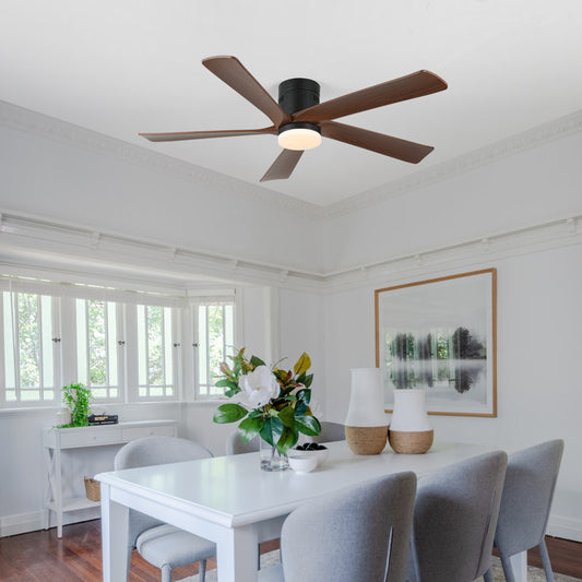 52-inch recessed ceiling fan with lights and remote control, wood grain effect farmhouse fan, stepless dimming, low-profile LED light, 6 speeds, reversible
