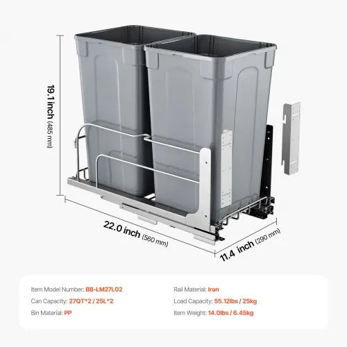 Double 27QTx2 Pullout Waste Container Under Cabinet Kitchen Bin Trash Can