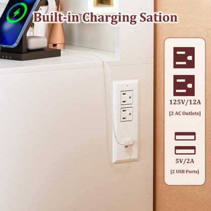 Vanity Desk With Large Mirror And Lights, 9 Drawer, Power Outlet (WHITE)