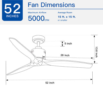 Farmhouse 52 in. integrated Ceiling Fan without Light, with Remote Control and 3 Solid Wood Blades