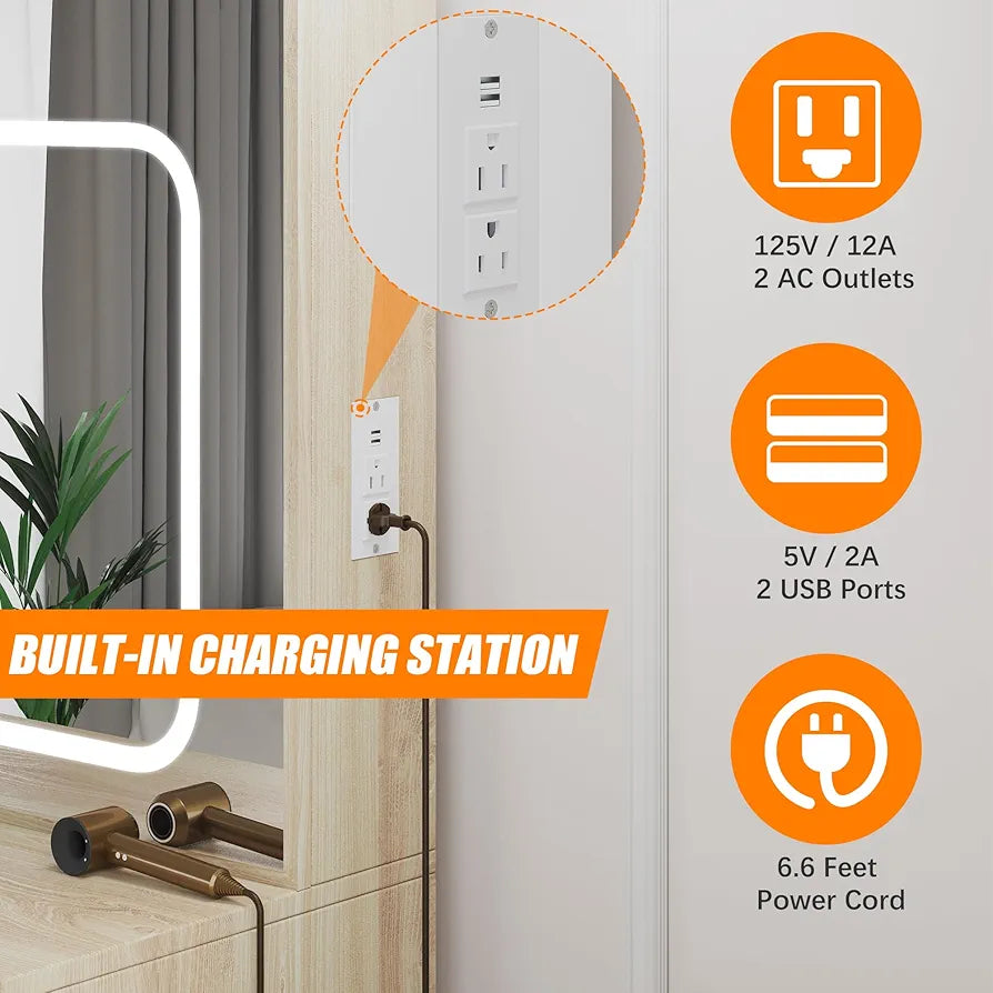 Coiffeuse, coiffeuse de maquillage avec miroir coulissant éclairé et station de recharge (chêne) 