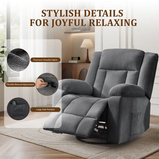Recliner chair, rocking recliner with heat and massage, 360° swivel recliner for adults with side pocket and USB ports