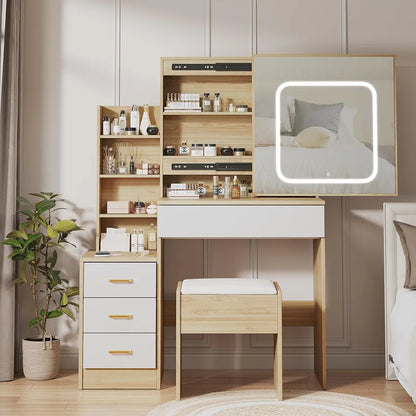 Coiffeuse, coiffeuse de maquillage avec miroir coulissant éclairé et station de recharge (chêne) 