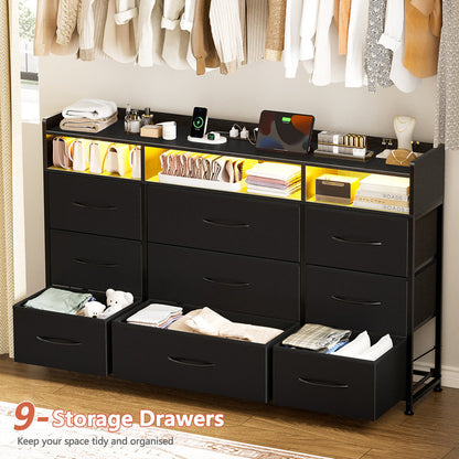 Cheo 9 - Drawer Dresser With 2-Tier Open Shelf, Dresser With Power Outlet & Led, 43"W Dresser For Bedroom (BLACK )