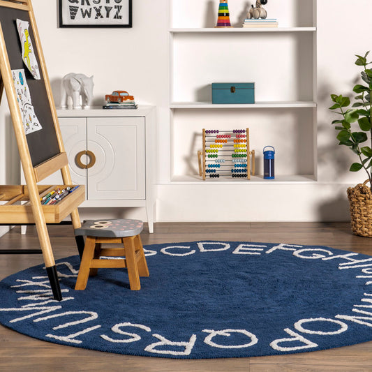 Kids Washable Round Alphabet Rug 4 ft Round Blue