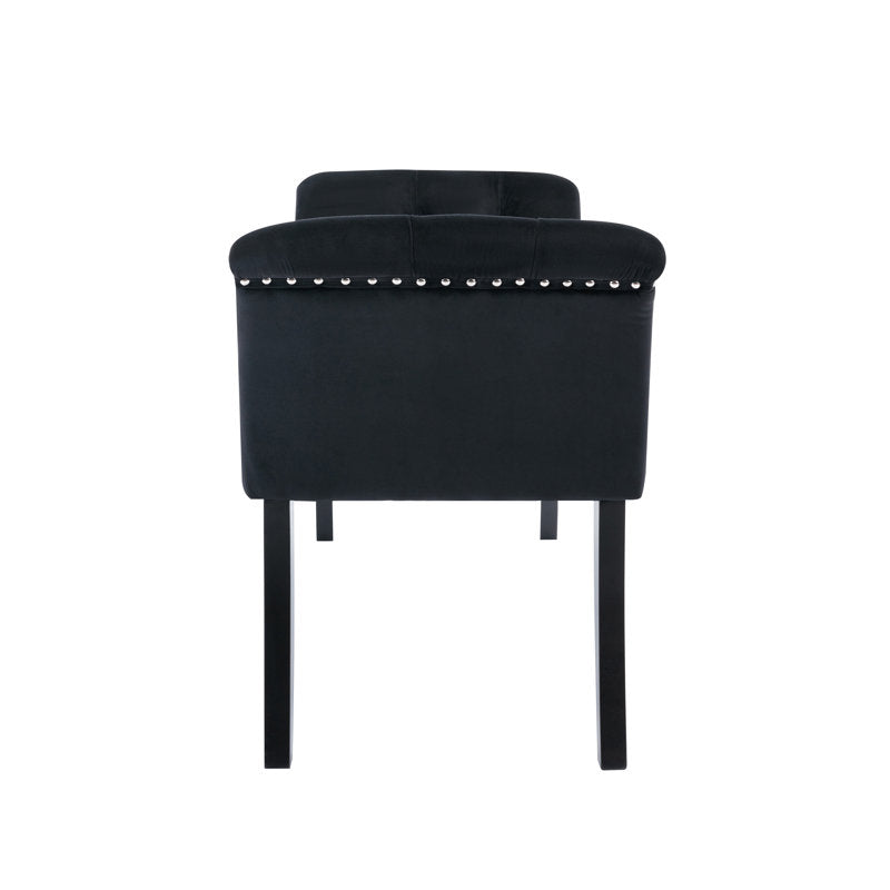 Tufted Black Velvet Bench with Rubberwood Legs