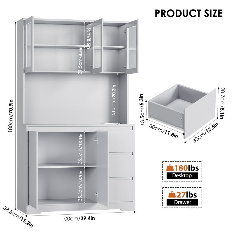 Satavia 70.9'' Kitchen Pantry with LED Lights and Charging Station, Microwave Shelf Grey