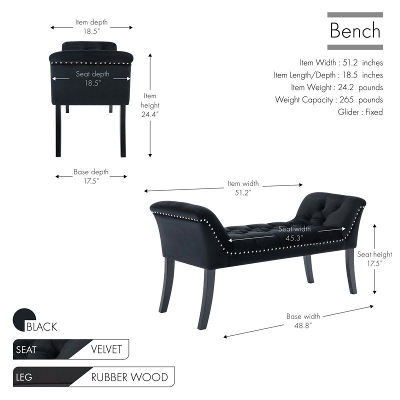 Tufted Black Velvet Bench with Rubberwood Legs
