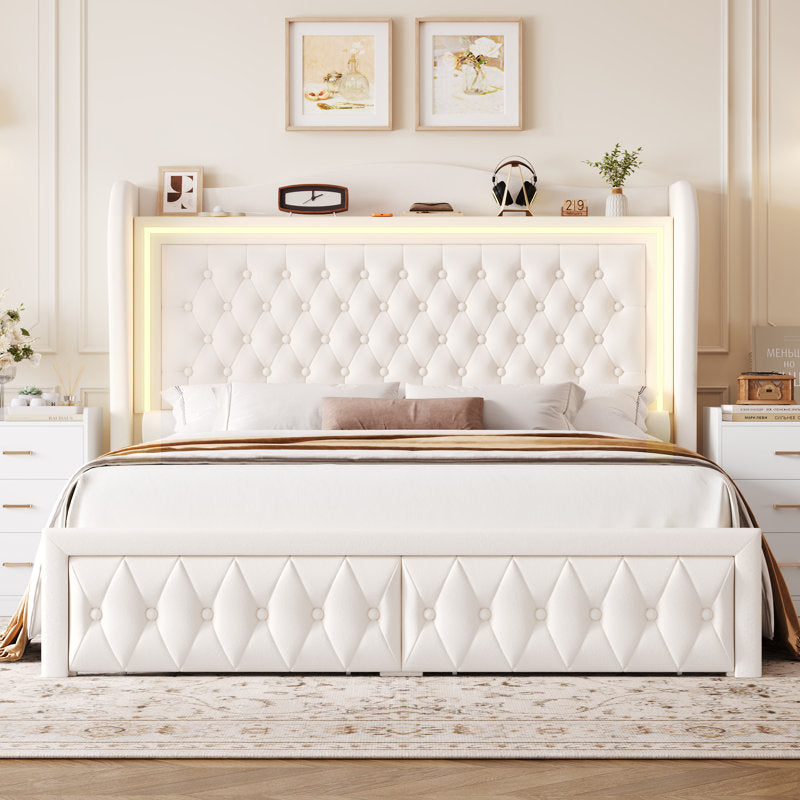 Kaliya Queen Velvet Upholstered Platform Bed: Wingback Headboard with LED Lighting & 2 Storage Drawers, Solid Wood Frame king White