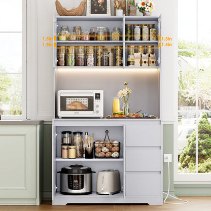 Satavia 70.9'' Kitchen Pantry with LED Lights and Charging Station, Microwave Shelf Grey