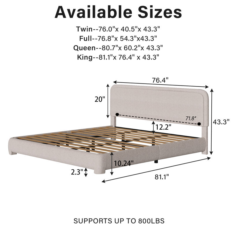 Lit plateforme capitonné Bensu Boucle couleur crème, format king 