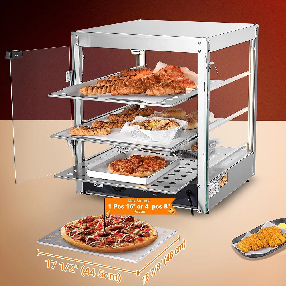 WeChef 20" Commercial Countertop Food 3-Tier Pizza Warmer with LED Adjustable Lighting Food Heater Display Case Stainless Steel for Food Truck Food Tent Fast Food Restaurant