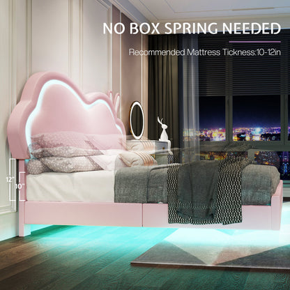 Zoomie Kids Floating Full Bed Frame with Adjustable LED Headboard and Leather Upholstered, Pink ( Full Size )