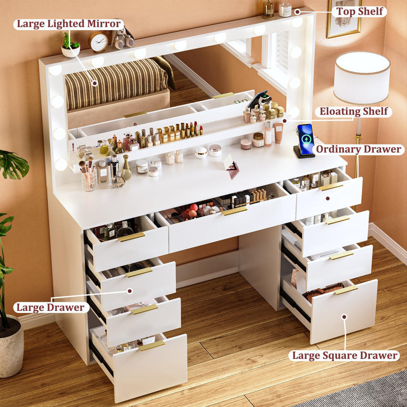 Vanity Desk With Large Mirror And Lights, 9 Drawer, Power Outlet (WHITE)