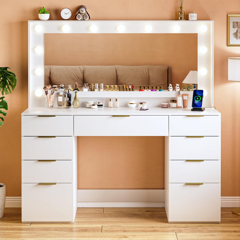 Vanity Desk With Large Mirror And Lights, 9 Drawer, Power Outlet (WHITE)