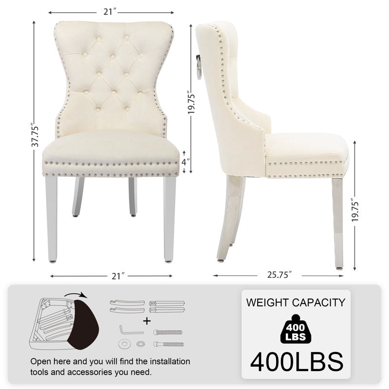 Fauteuil Parsons à oreilles capitonné en velours beige et blanc