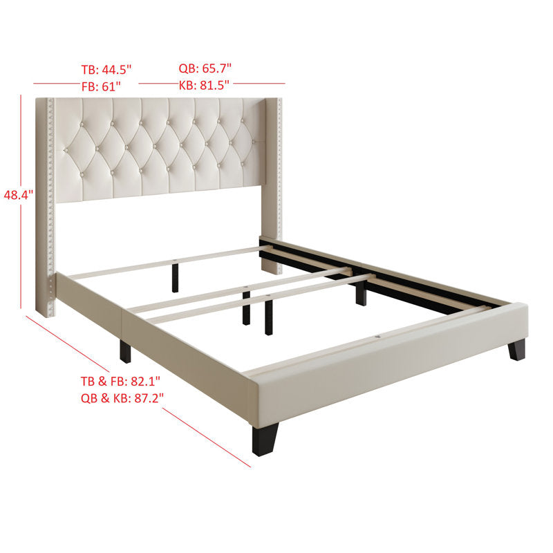 Elison Platform Bed with Fabric Upholstered Headboard and Wooden Slats BEIGE (Twin)