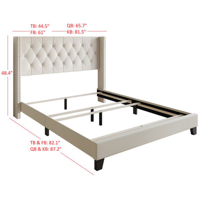Elison Platform Bed with Fabric Upholstered Headboard and Wooden Slats BEIGE (Twin)