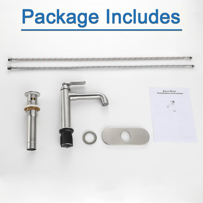 Newater Single Handle Bathroom Sink Faucet with Pop Up Drain, Deck Plate and Cupc Water Supply Lines, Brushed Nickel