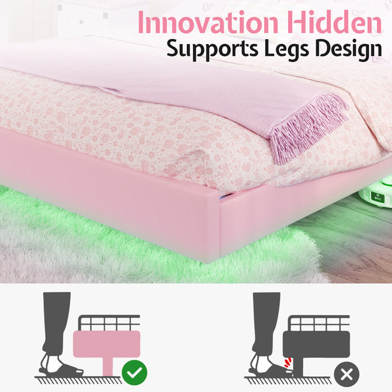 Zoomie Kids Floating Full Bed Frame with Adjustable LED Headboard and Leather Upholstered, Pink ( Full Size )
