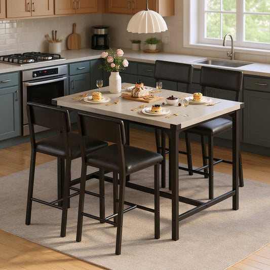 Ensemble table et chaises de salle à manger, table haute avec 4 tabourets de bar rembourrés, plateau gris et chaises noires