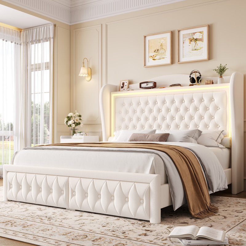 Kaliya Queen Velvet Upholstered Platform Bed: Wingback Headboard with LED Lighting & 2 Storage Drawers, Solid Wood Frame king White