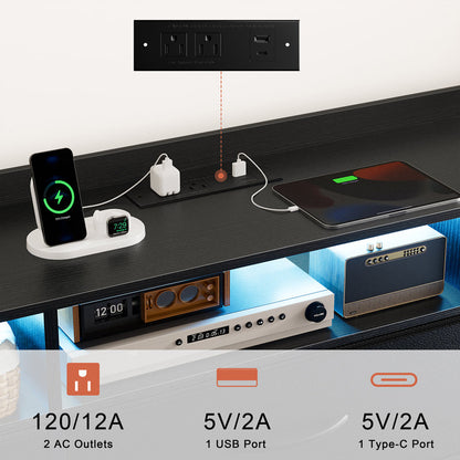 Cheo 9 - Drawer Dresser With 2-Tier Open Shelf, Dresser With Power Outlet & Led, 43"W Dresser For Bedroom (BLACK )