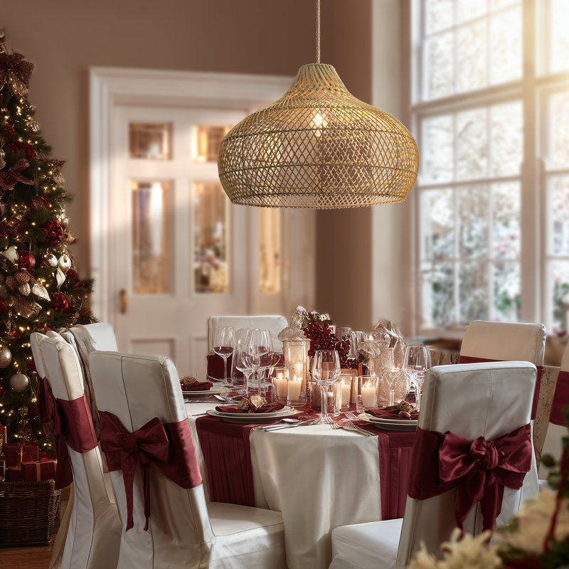 Hand-woven rattan lampshade hanging lamp Anjanie with 1 natural light or wired light fixture for Japanese Boho style dining room, kitchen or bedroom