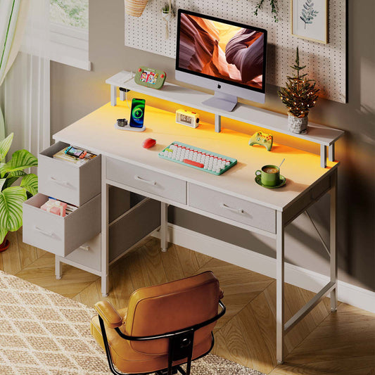 Bureau d'ordinateur Linze avec étagère pour écran, éclairage LED RGB, ports USB et tiroirs (blanc)