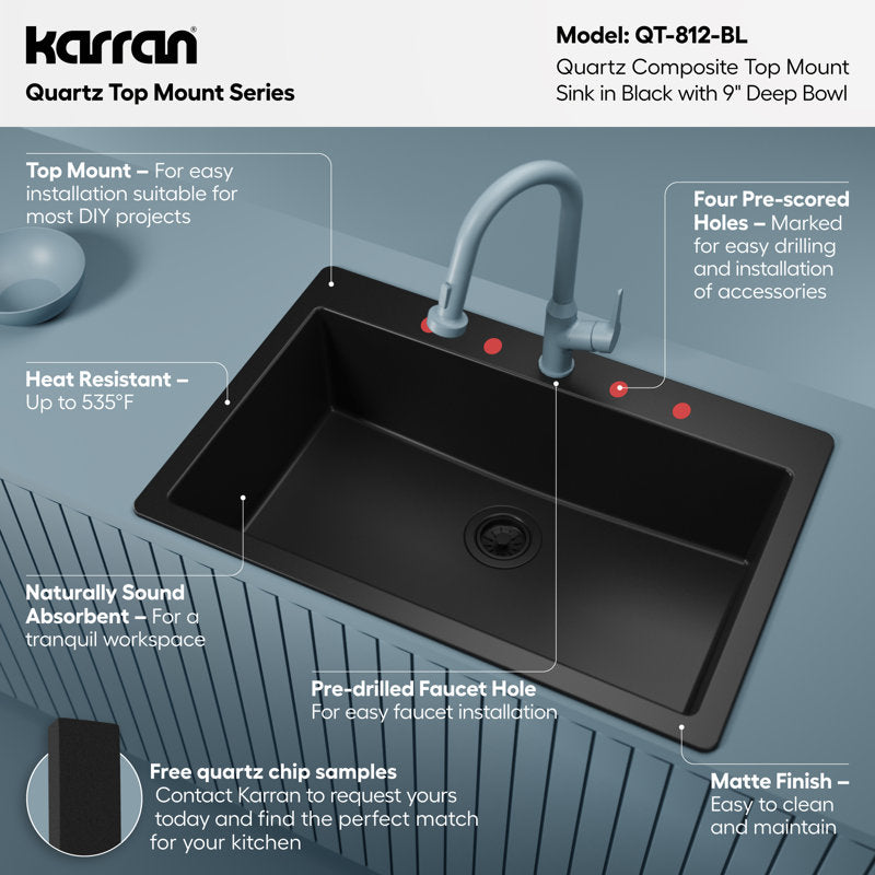 Karran Quartz 33'' X 22'' Large Single Bowl Drop-in Kitchen Sink