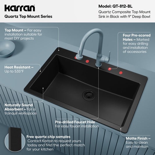 Karran Quartz 33'' X 22'' Large Single Bowl Drop-in Kitchen Sink