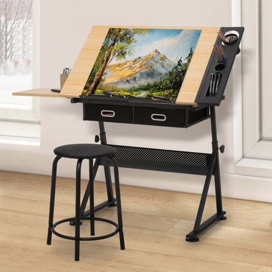 Klea Draft Desk Drawing Table with Stool Set, Height Adjustable Desk Tiltable & Slide-Out Tabletop