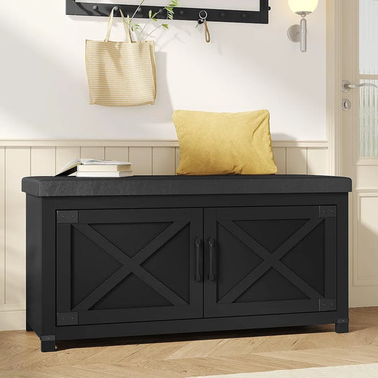 Farmhouse Shoe Storage Bench, 2 Tier Shoe Bench with Padded Seat Cushion & 2 Barn Doors, Entryway Bench with Adjustable Shelf, Shoe Cabinet for Living Room, Bedroom, Antique ( Black )