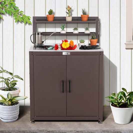 Table de rempotage de jardin Feasto avec armoire de rangement, table de jardinage et établi d'extérieur pour plantes, horticulture, poste de travail extérieur avec plateau en acier inoxydable, table de travail extérieure avec étagère surélevée 