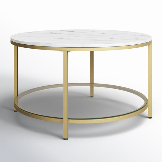 Table basse ronde Rotherham avec rangement, plateau en marbre noir et dessous en verre (or et blanc)