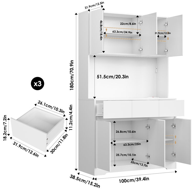 Aybike 71" Tall Kitchen Pantry Cabinet with Charge Station & LED Light, Freestanding Food Pantry with 4 Cabinets, 3 Drawers & Microwave Shelf, Kitchen Hutch Storage, Adjustable Shelves