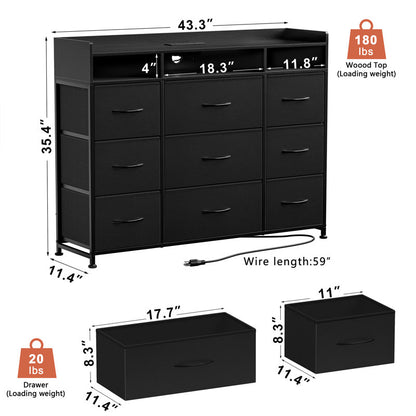 Cheo 9 - Drawer Dresser With 2-Tier Open Shelf, Dresser With Power Outlet & Led, 43"W Dresser For Bedroom (BLACK )