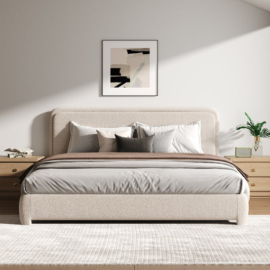 Bensu Boucle Upholstered Platform Bed Cream King Size