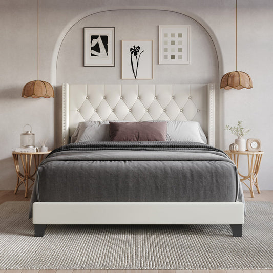 Elison Platform Bed with Fabric Upholstered Headboard and Wooden Slats BEIGE (Twin)